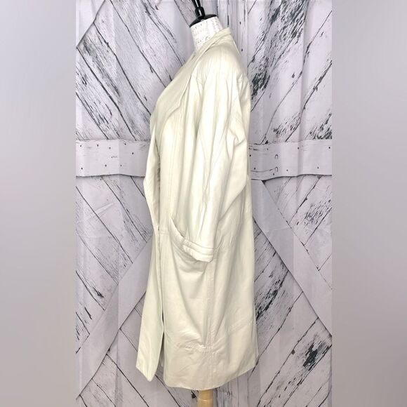 Vintage 80s WINLIT Cream Leather Coat Padded Shoulders Size M - Picture 3 of 12